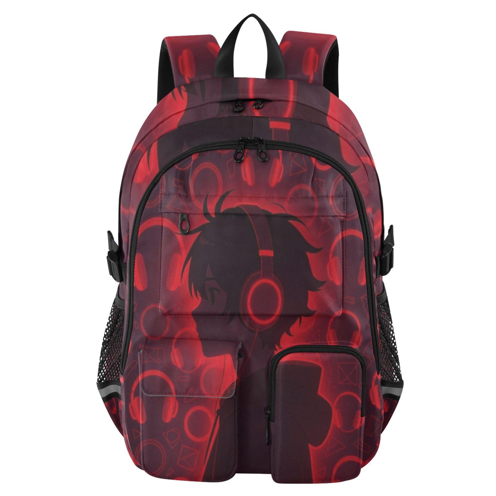Zaini da viaggio per computer portatile, con motivo anime, con cuffie, colore rosso, 44,5 cm