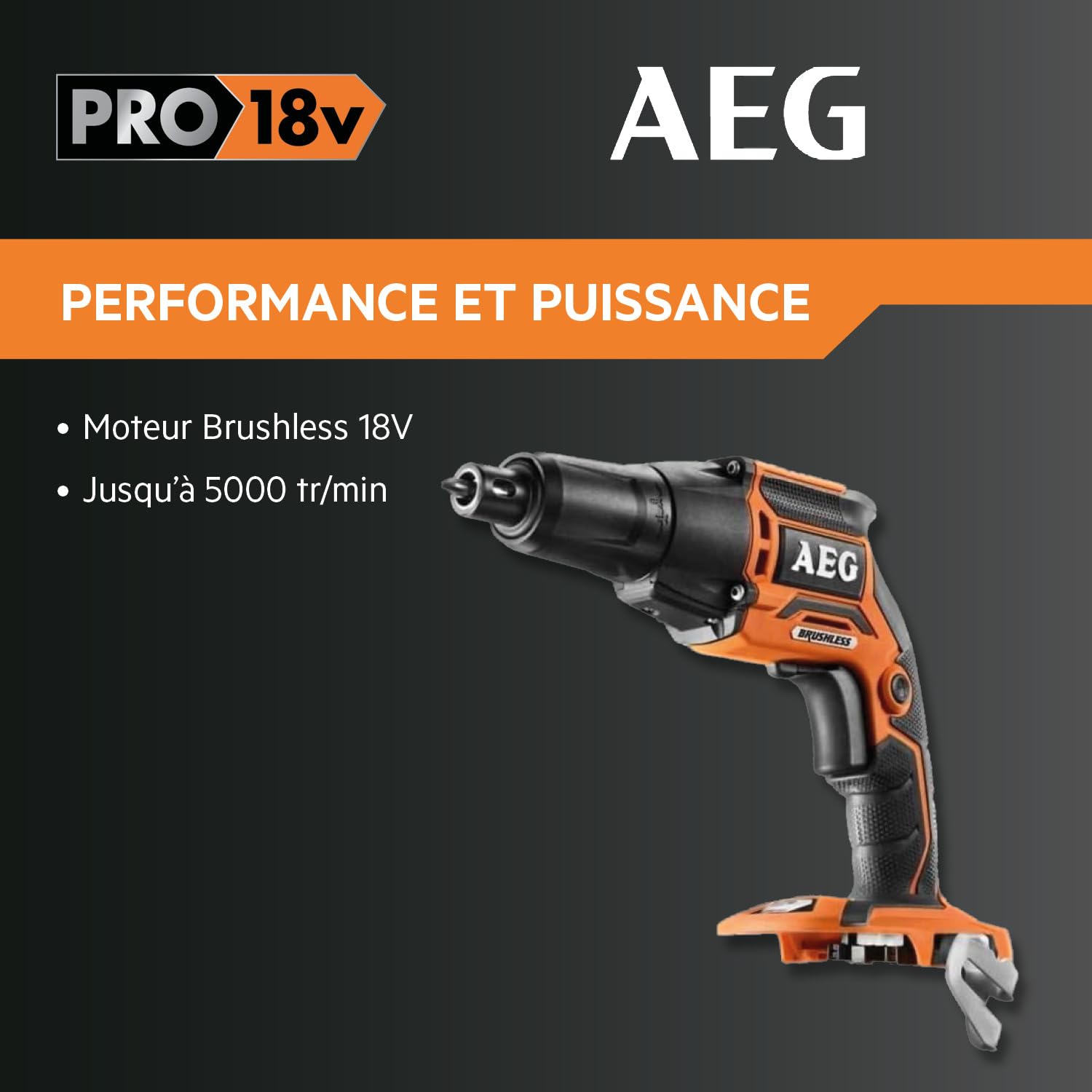 AEG - Visseuse Plaquiste 18V PRO18V Brushless (Sans Batterie) - Réception Hex ¼ avec Changement de Porte-Embout Sans Clé - Fonction Push Drive - Grand Confort de Travail - BTS18BL-0