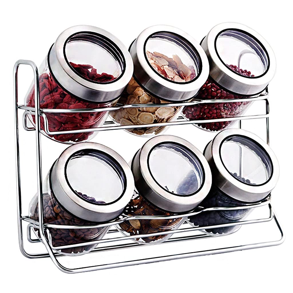 Barattoli da tè, 6 barattoli rotondi in vetro con ripiano in acciaio inox, ermetici, coperchio a vite, set di contenitori da cucina sigillati per barattoli da bancone