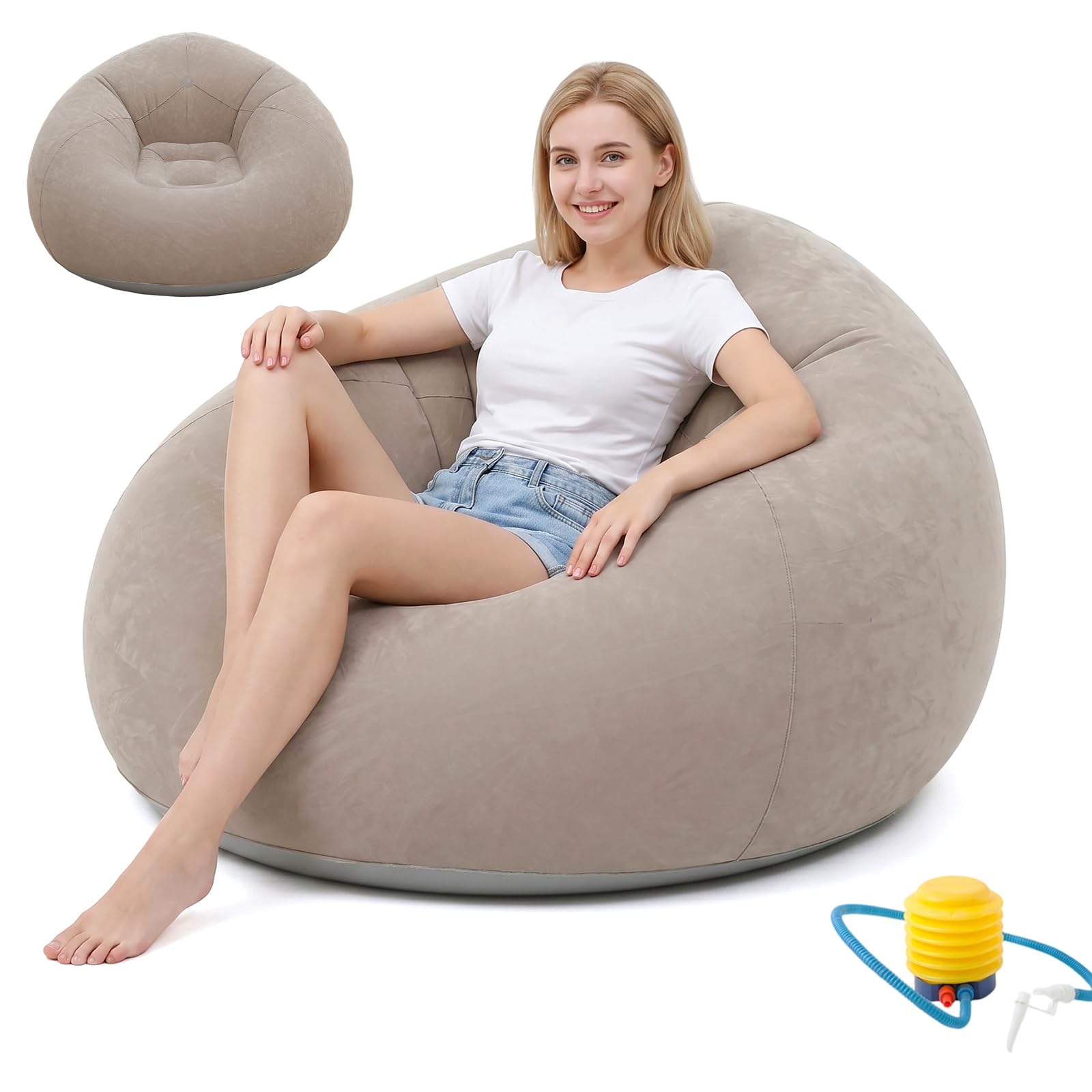Aufblasbarer Sessel Sitzsack, Aufblasbares Sofa, Wasserdichtes Luftsofa Aufblasbares, mit Luftpumpe, Tragbares Flocking Aufblasbare Couch für Outdoor, Camping, Reisen, Strand, Pool (Grau)