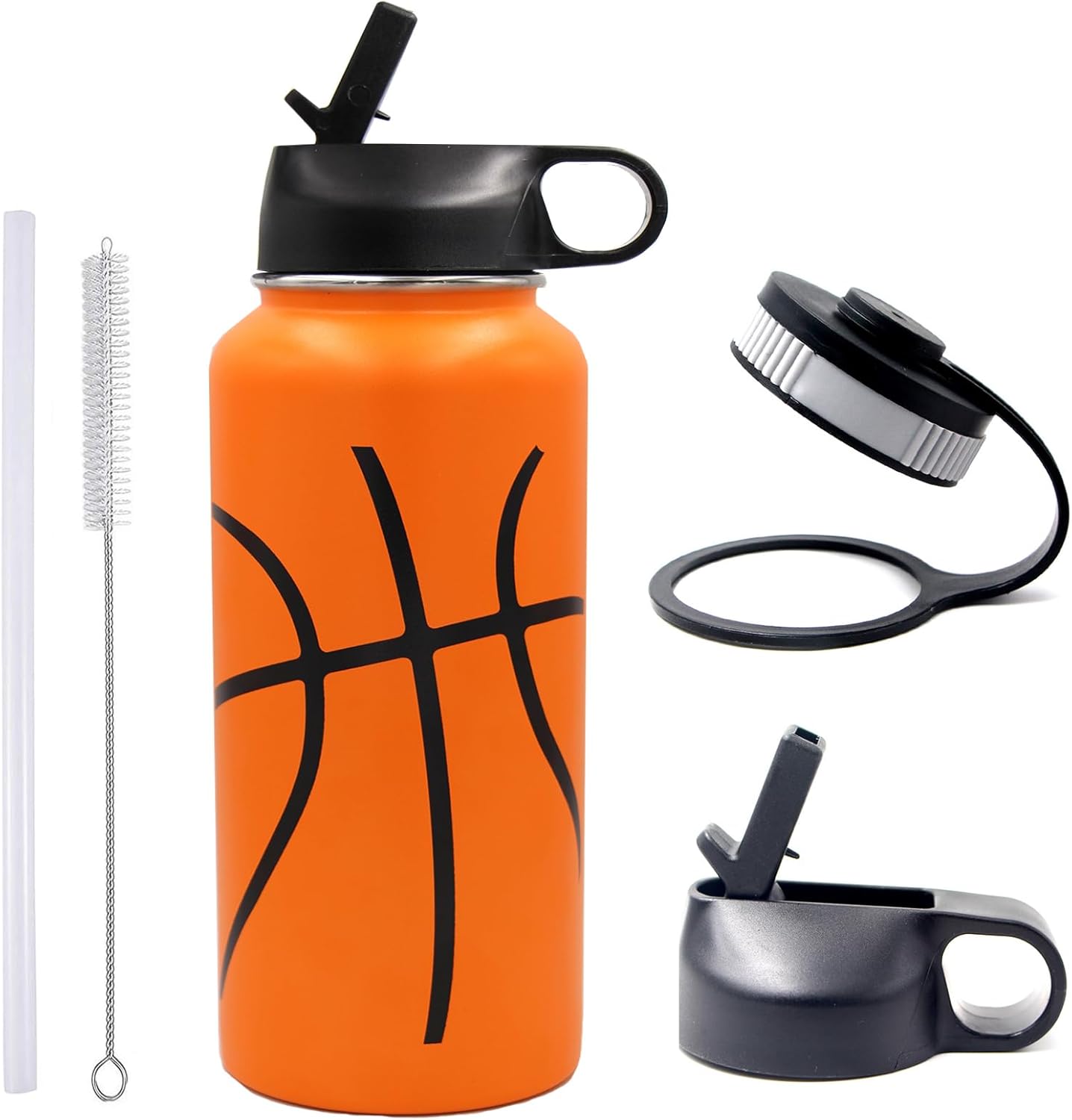 32 oz Basketball Water Bottle, Wide Mouth Sports Flask Metal Travel Tumbler with 2 Lids, Stainless Steel Double Wall Vacuum Insulated Thermo Water Bottles, Basketball Accessories Gifts for Boys Girls
