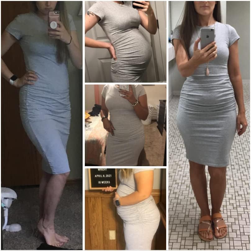 Missufeintl Women's Bodycon Ruched Short Sleeve T Shirt Midi Sundress Fitted Casual Dress - Image 2