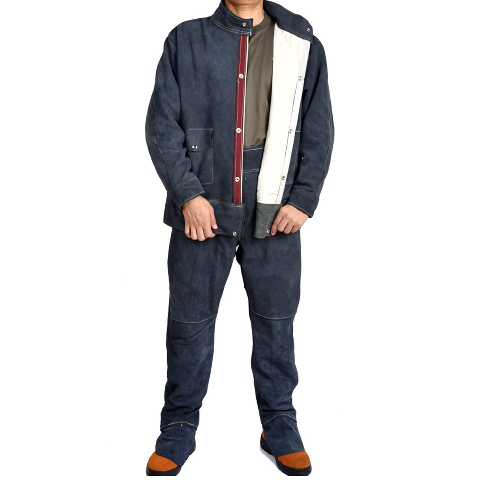 Cowhide Schweißer-Overall Für Männer Und Frauen Flammhemmende Schweißerjacke Hochbelastbar Schweißer-Lederhosen 2er Set(Navy blue,L)