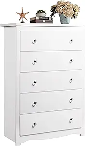 WLIVE White 5 Drawer Wood Dresser, Wooden Chest of Drawers for Bedroom, Storage Cabinet and Organizer Drawers for Living Room, Hallway, Closet, Measuring 15.75" W*31.50" D*45.35" H
