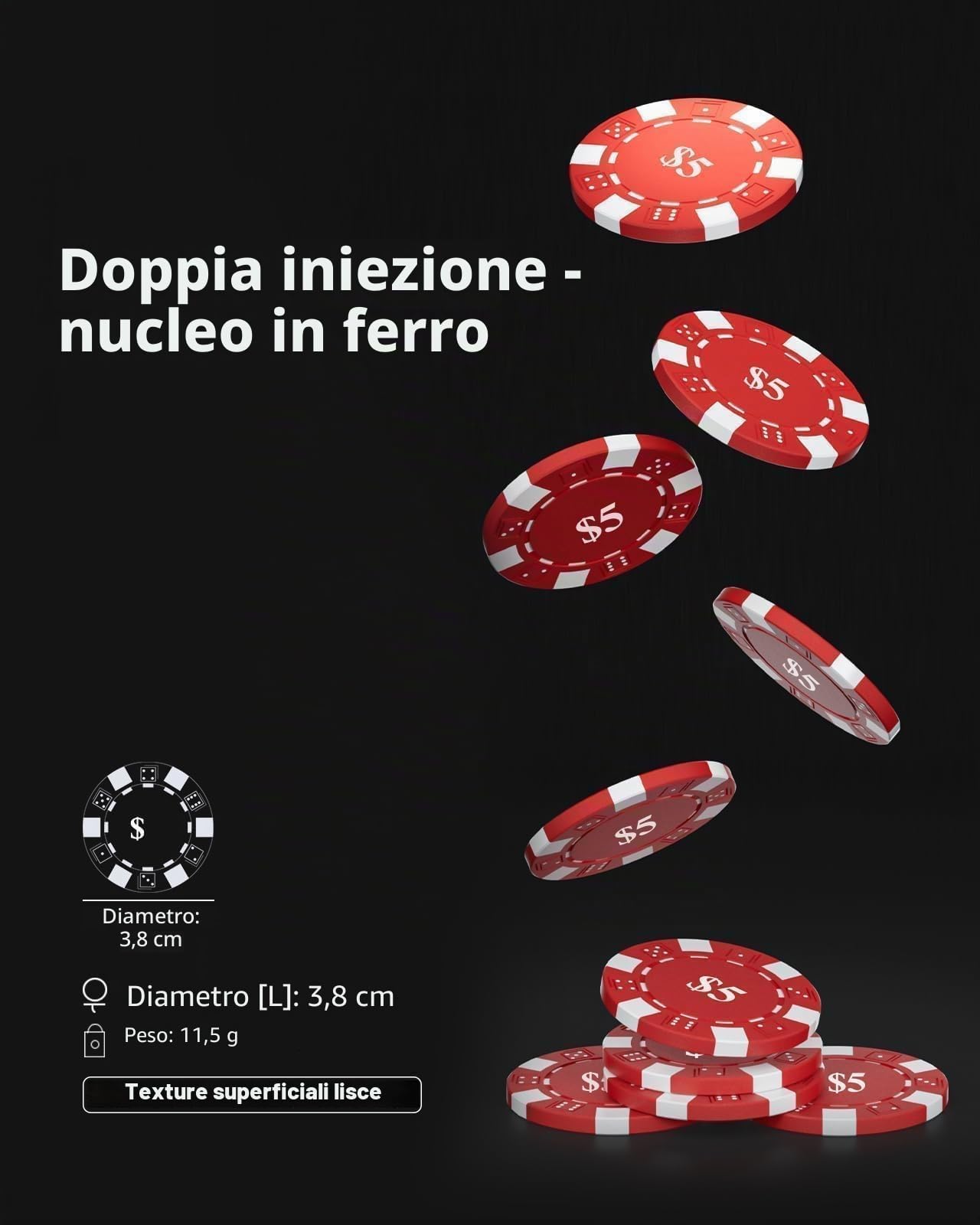 HEITOK Set Poker Professionale 1000 Fiches Numerate 11,5g con Valigetta Alluminio Rinforzata, Carte e Bottone Dealer per Grandi Tornei Texas Hold'em | Per 2-20 giocatori: 2 mazzi di carte, 5 dadi e pulsanti Dealer, Small Blind e Big Blind