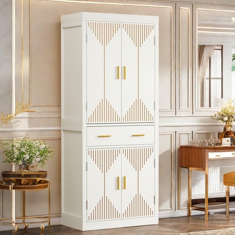DWVO 72" Tall Kitchen Pantry Cabinet with Carved Design Doors, Modern Cupboard Storage Cabinet with a Drawer ＆ Adjustable Shelves for Kitchen, Living Room, White