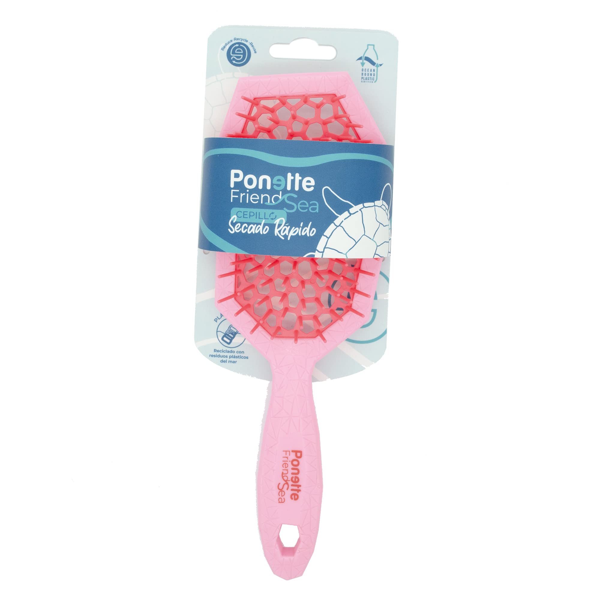 PONETTE FRIENDSEA - Cepillo Desenredante Antitirones de Secado Rápido Rosa y Fucsia, de Plástico Reciclado de Residuos del Mar, Perforado para un Secado Rápido, Reciclado y Reciclable, Marca Española
