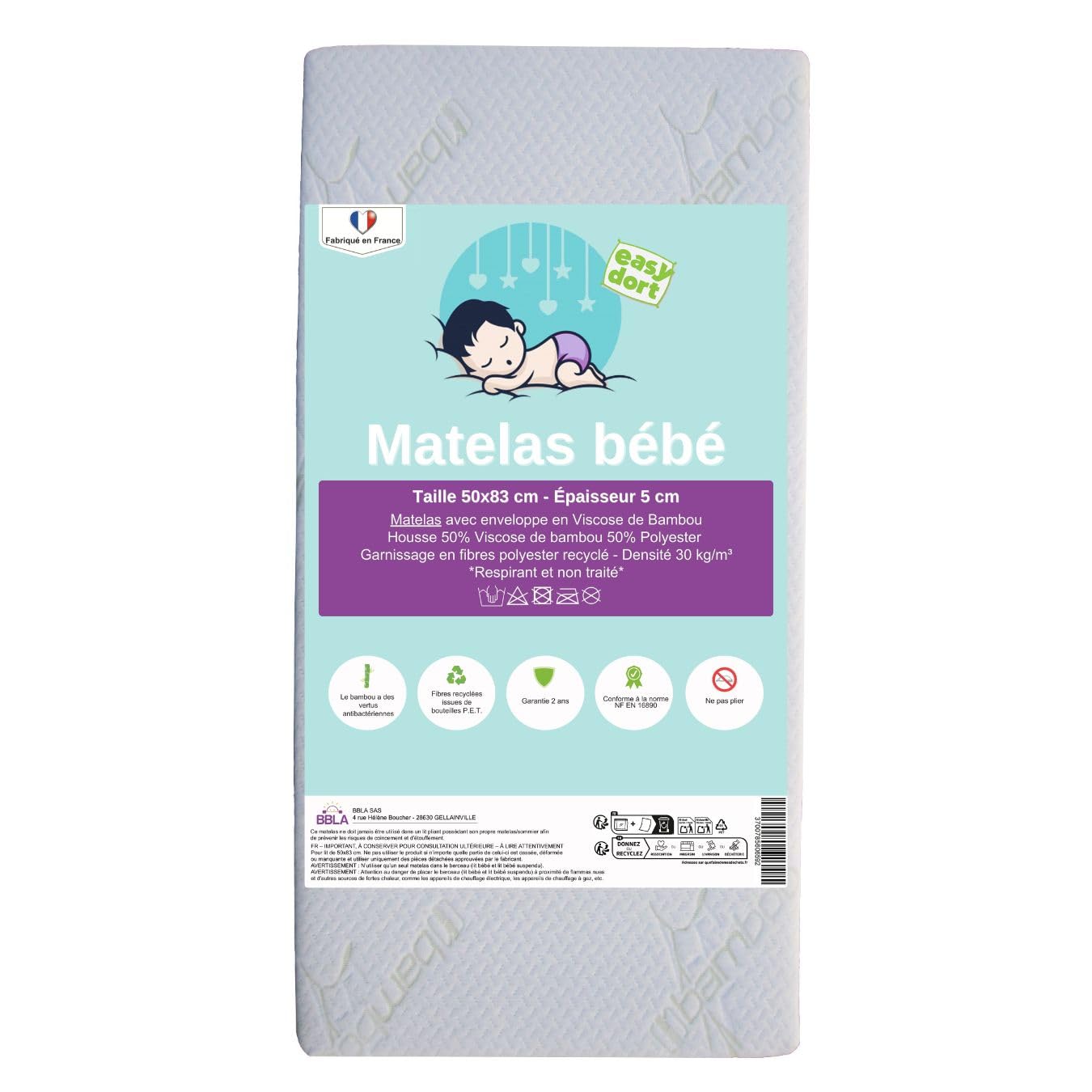 Easy Dort Materac dziecięcy 50x83 cm | Kołyska lub łóżeczko dziecięce | Wyprodukowano we Francji | Antybakteryjny | Lato i Zima | Dwustronny | Bardzo wygodny | Bambusowy Pokrowiec | Oeko tex® | Biały