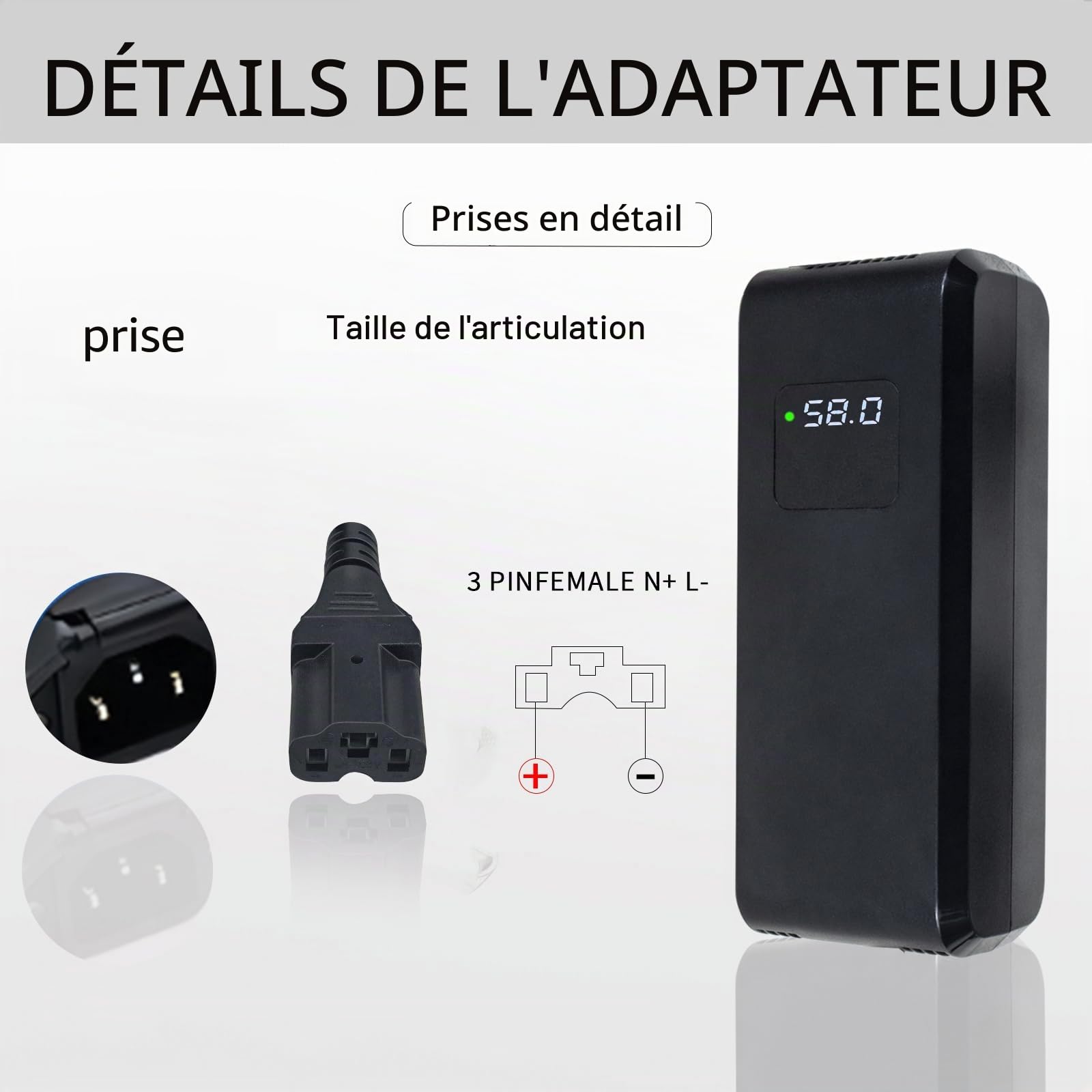 Chargeur de batterie au plomb acide 48 V 4 A, chargeur intelligent avec écran de tension en temps réel pour scooter de mobilité et fauteuil roulant, charge sûre (connecteur à 3 broches type PC)