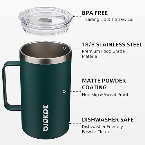 Miniatura 2 de BJPKPK Taza de café aislada con 2 tapas, vaso aislado de acero inoxidable de 25 onzas con asa, tazas de café al vacío de doble pared, taza de viaje