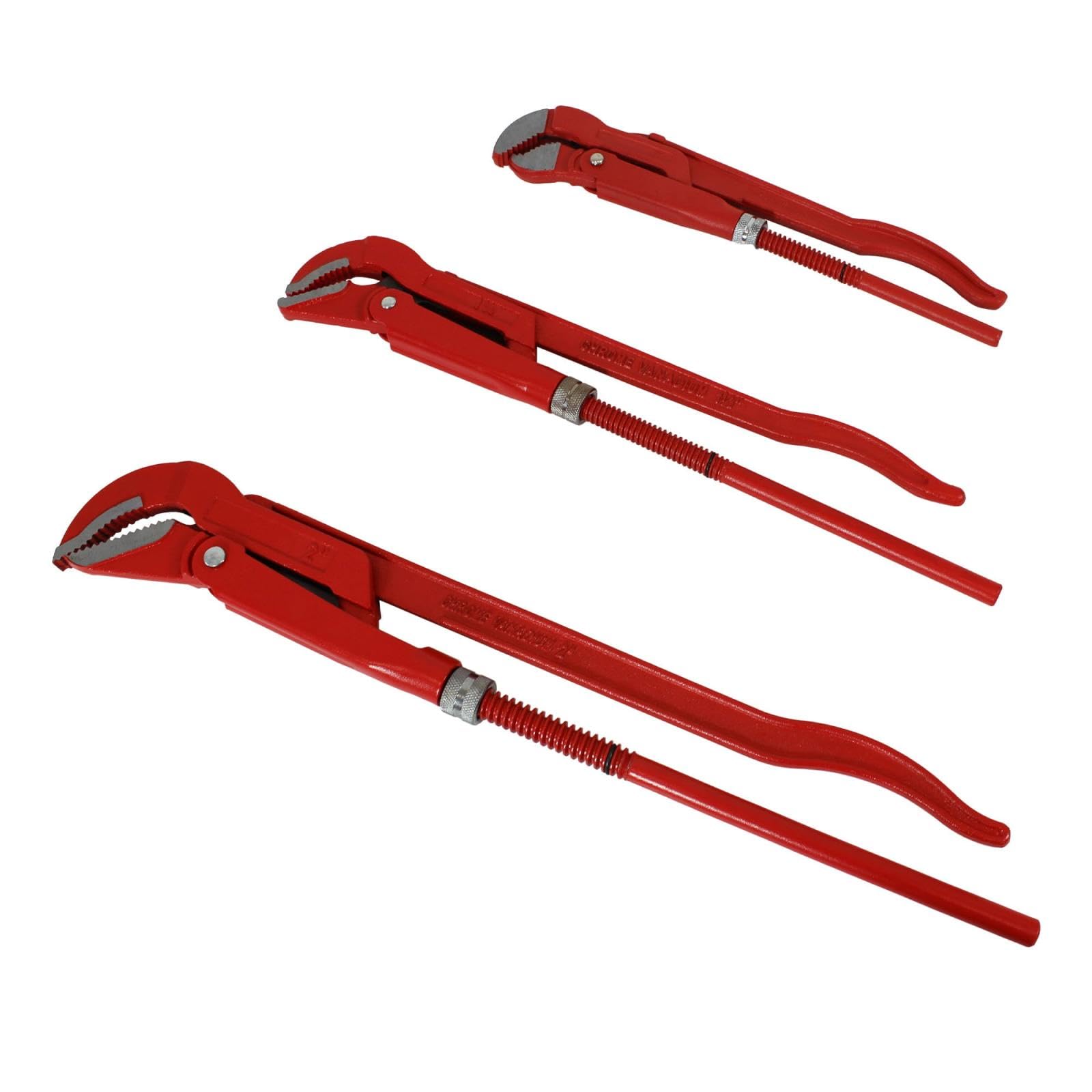 Rohrzange 3er Set S-Maul + Gerade · S 1 Zoll, 1,5 Zoll, 2 Zoll · Eckrohrzange · Set und Einzeln · 45 Grad abgewinkelte Wasserpumpenzange · Zangenschlüssel Wasserrohrzange Armaturenzange gross