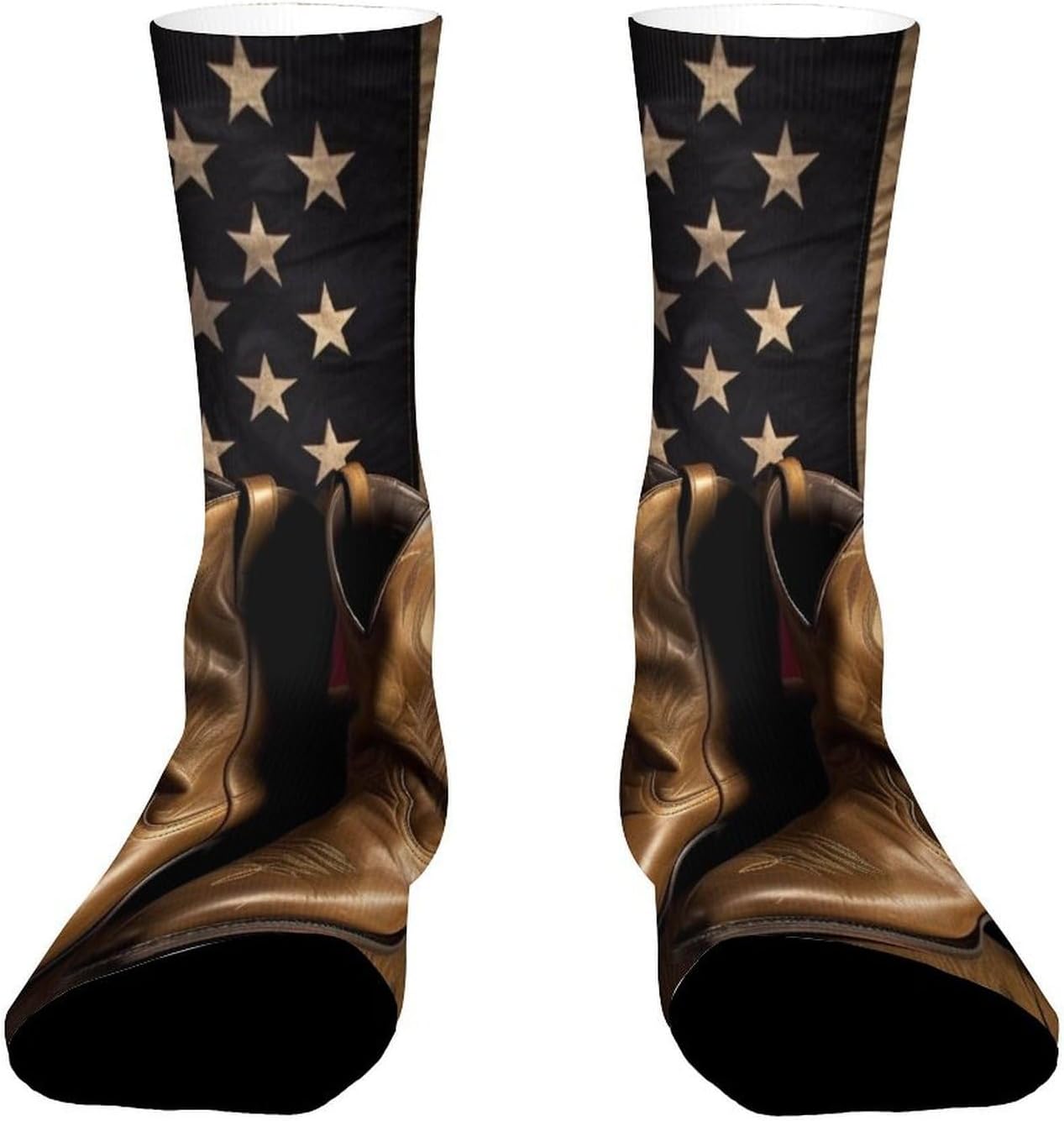 Moisture Wicking Socks, Breathable, Lightweight Crew Sock, Casual | American Flag with Cowboy Boots Work Socks for Women Men, Elastic Soft Boot Socks for Travel, Seamless