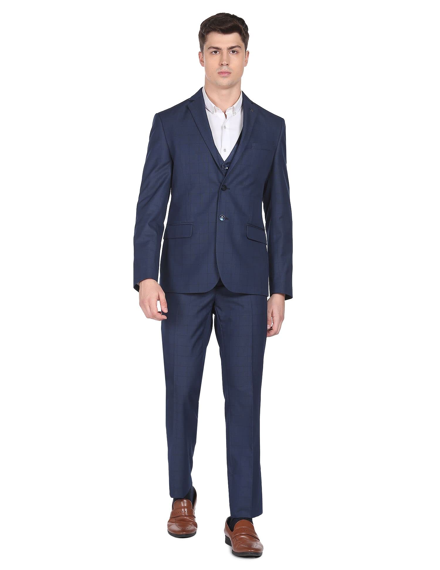arrow Men Navy Tailored Fit Reversible Waistcoat Three Piece Suit-picture-38
