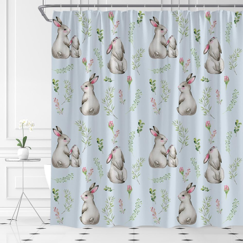 AMFD Happy Easter Shower Curtain Funny Rabbit Watercolor Floral Green Leaves Spring Garden Farmhouse Festival Rustic Bathroom Curtains Decor Polyester Fabric Include Hooks,(70" Wx74.8 H)