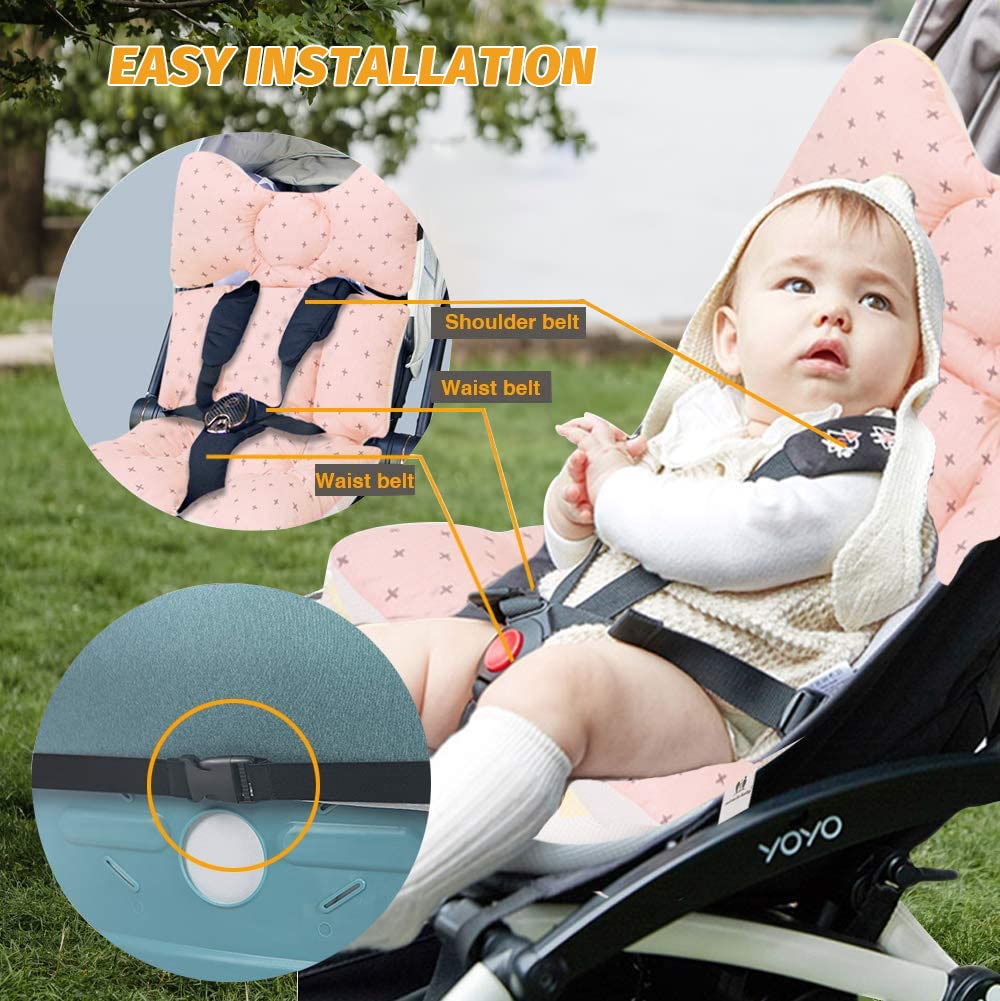 Baby Seat Pad Liner for Stroller–Soft and Breathable，3D Air Mesh Cotton Universal Baby Stroller Cushion (Pink Cross)