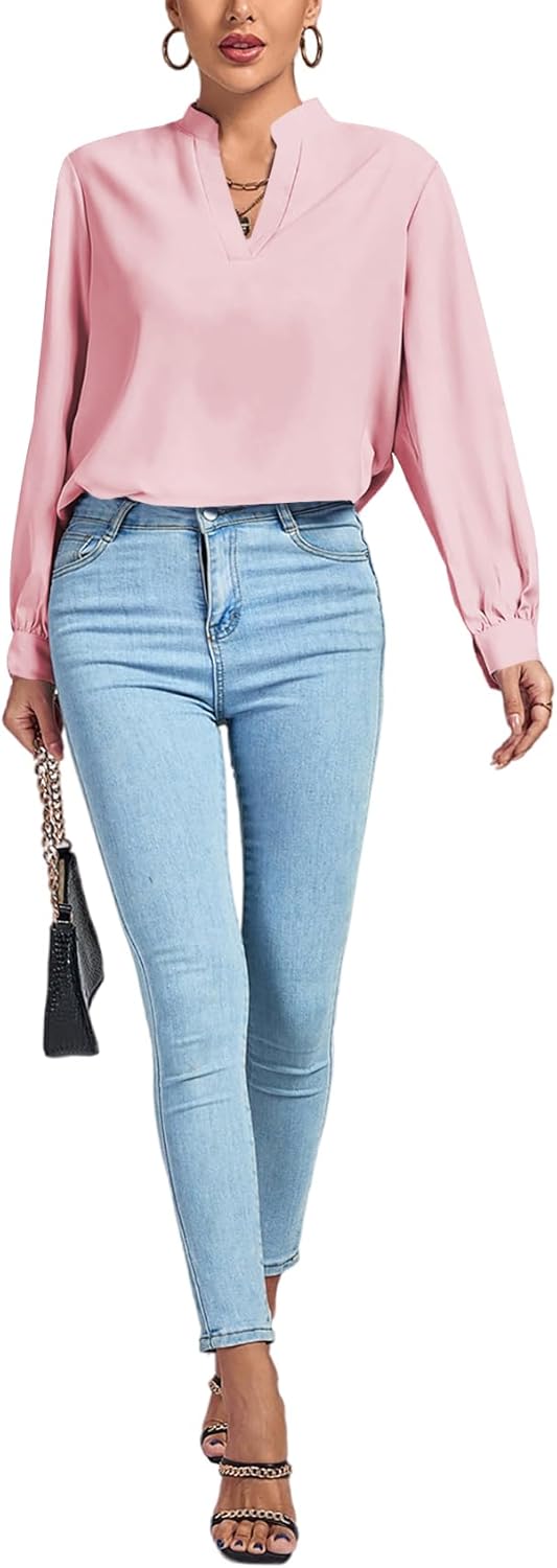 LYANER Women's V Neck Shirred Long Sleeve Office Elegant Tunic Blouse Top - Image 6