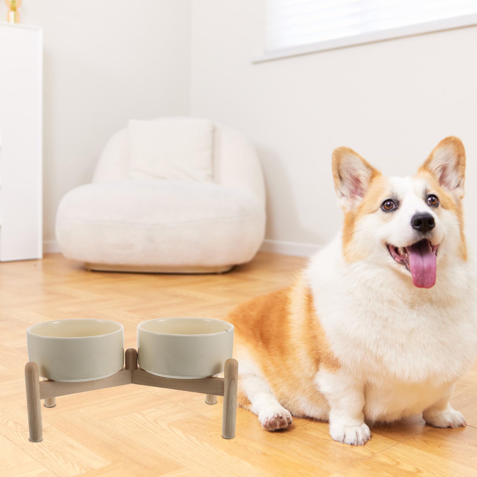 Hemobllo Juego de Cuencos Elevados para Perros Pequeños, Doble Tazón de Cerámica 850 Ml con Soporte de Madera Antideslizante 15,5 Cm, Comedero Elevado para Comida y Agua de Mascotas