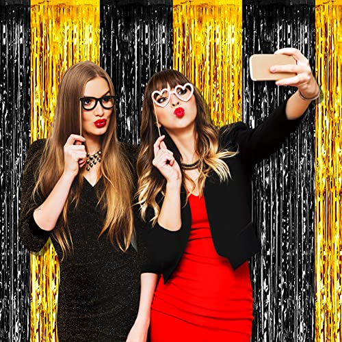 Image of 4 Pack Black Gold Foil Fringe Curtain Backdrop, 3.28Ft x 8.2Ft Metallic Tinsel Foil Fringe Streamers Curtains for Photo Booth, Wedding, Graduation, Birthday, Carnival Party Decoration