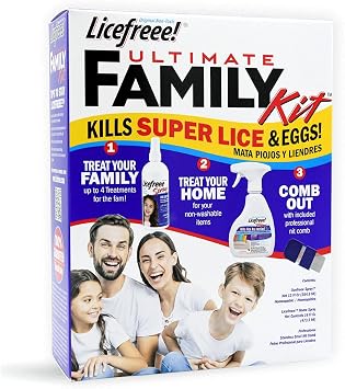 مجموعة Licefreee Ultimate Family Lice Kit، تعالج العائلة بأكملها والمنزل. يشتمل على رذاذ Licefreee ورذاذ Licefreee للأثاث المنزلي ومشط القمل المعدني ثنائي الجوانب NitDuo.