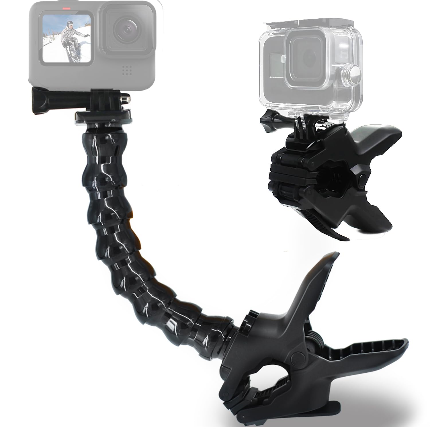 FitStill Jaws Flex Clamp Mount with Adjustable Gooseneck 8 Section Compatible with Go Pro Hero 12,11,10,9, 8,7,6,5,4,Session, 3+,3,2,1, Max,mini Fusion, DJI Osmo Action Cameras