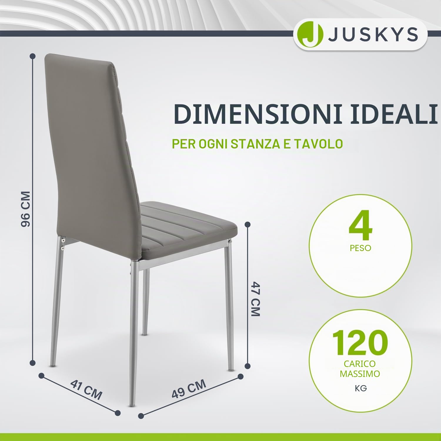Juskys Set da 4 sedie da pranzo Loja con rivestimento in ecopelle e schienale alto - struttura in acciaio stabile, supporta fino a 120 kg - sedie da cucina e sala da pranzo grigie