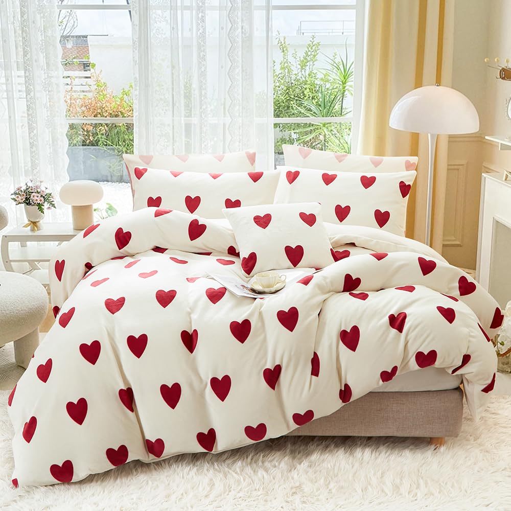 Flanell Bettwäsche 135x200 Herzen Rot Weiß Winter Biber Plüsch Winterbettwäsche 4teilig, 2 Warme Flauschig Cashmere Touch Bettbezug und 2 Kissenbezug 80x80 mit Reißverschluss
