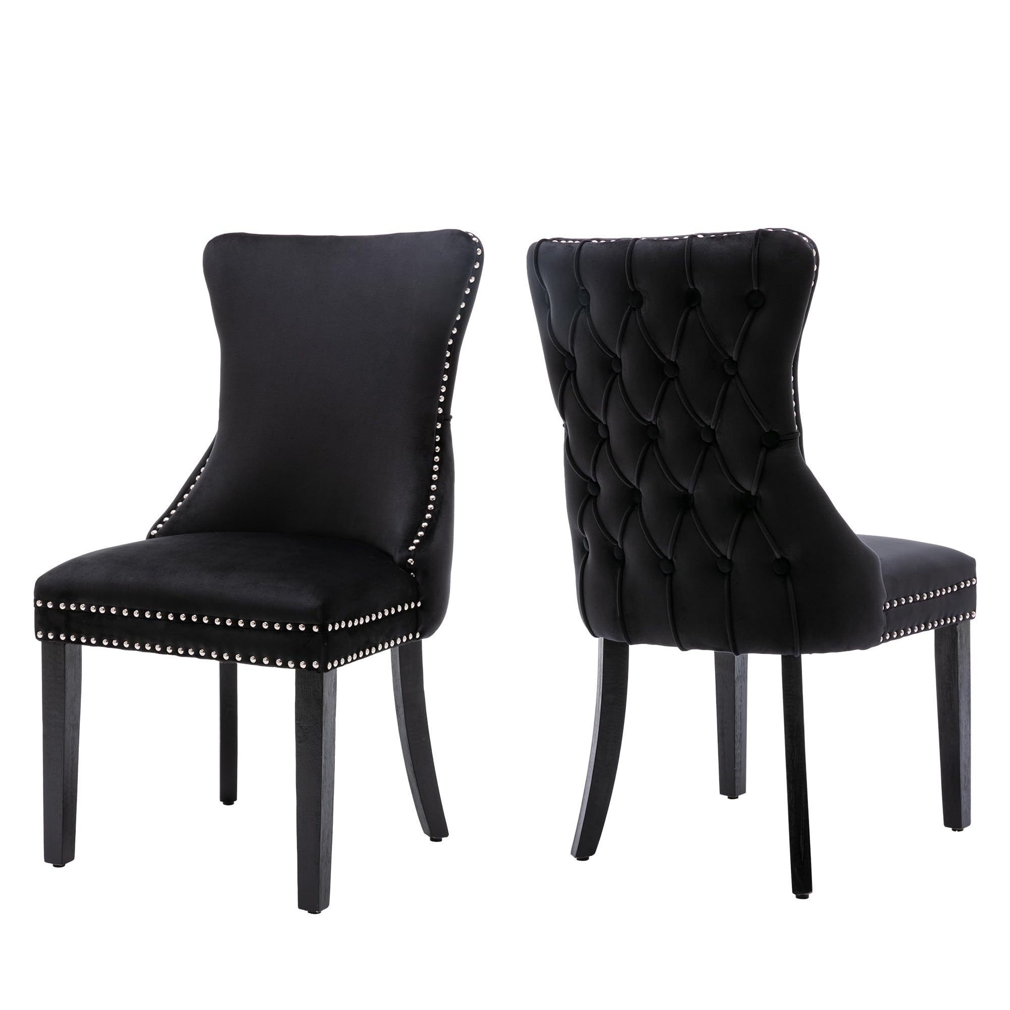 Homedraft Velvet Dining Chairs Set of 2, Nikki Collection Upholstered Side Chair with Nailhead Trim, Button Tufted Wingback Dining Chairs with Solid Wood Legs, Black