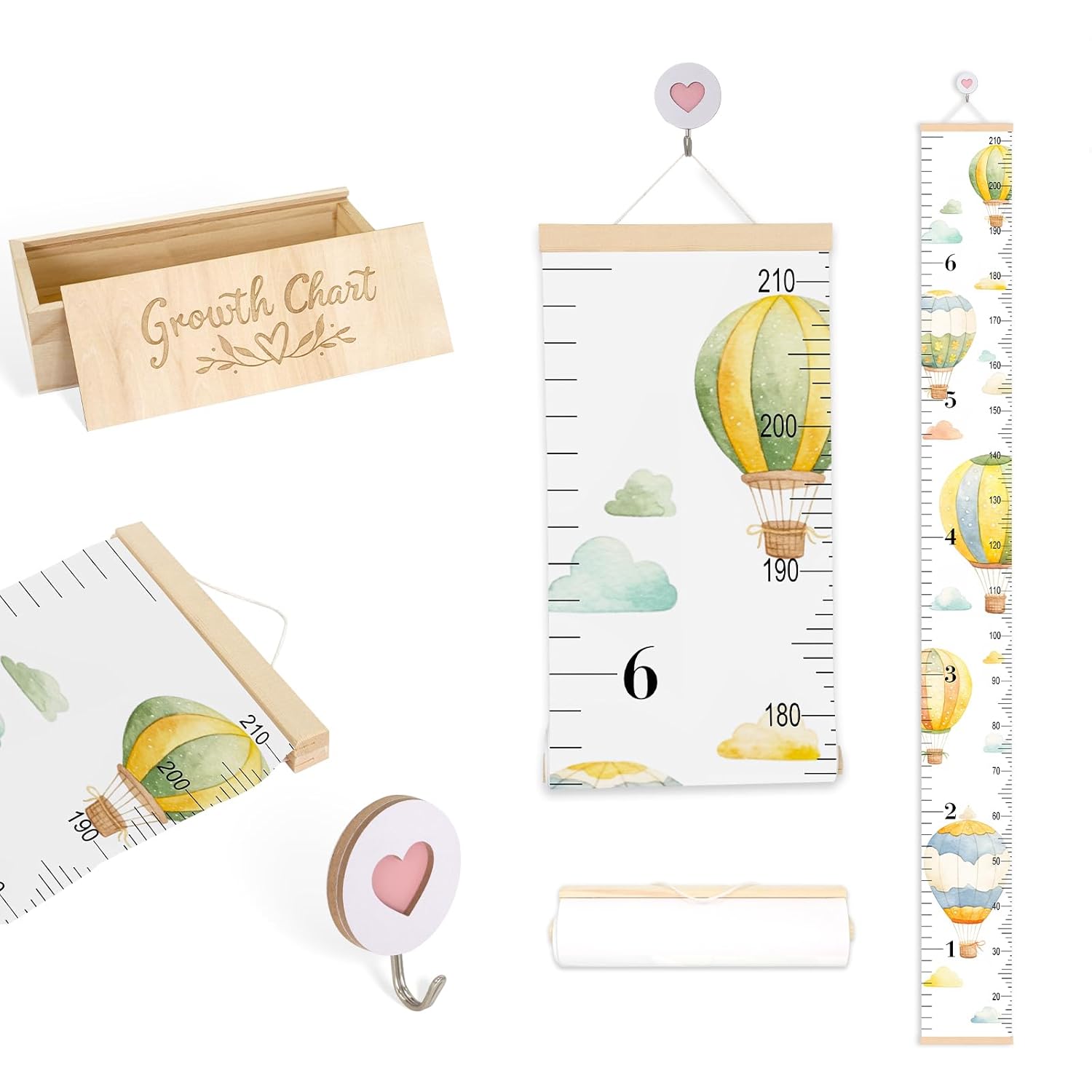 Growth Chart for Wall 7 Ft Child Height Chart with Wooden Keepsake Box & Hook Waterproof Canvas Measure Wall Ruler Removable Nursery Wall Decor for Kids Toddlers Baby (Hot Air Balloon)