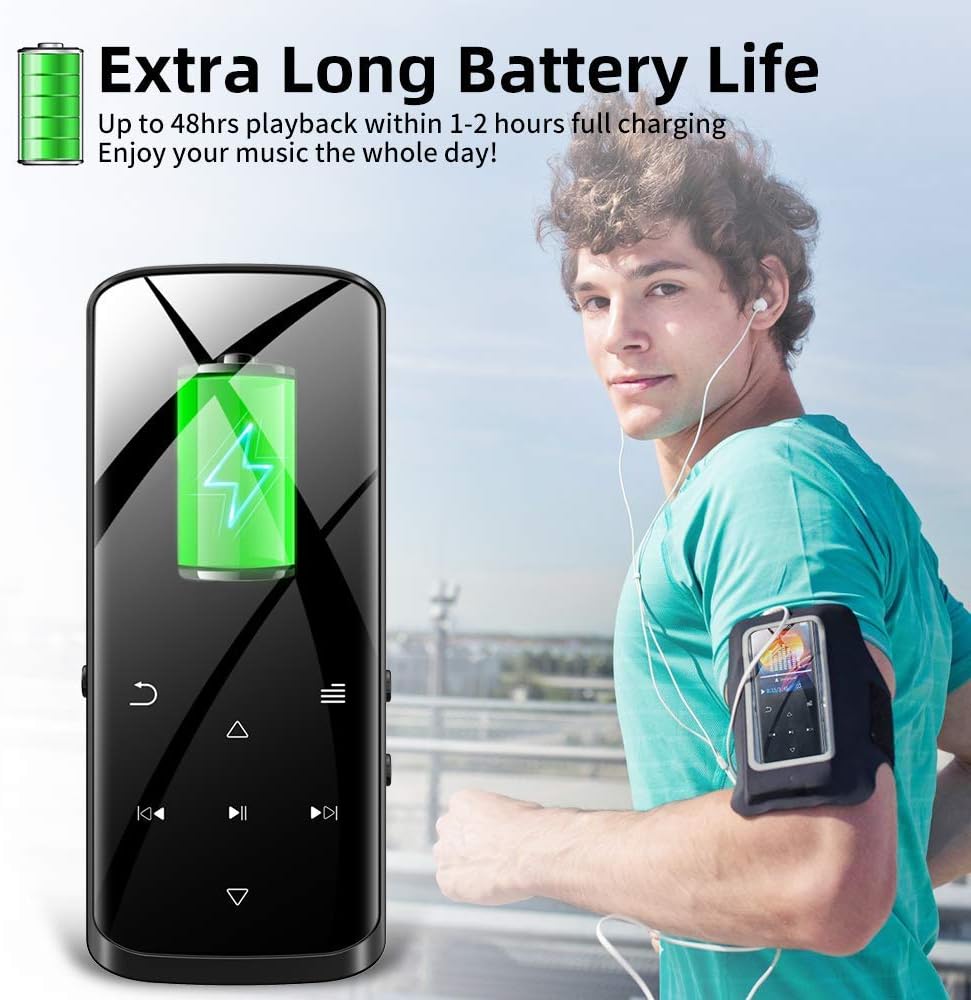 Mp3 Player, 16GB Mp3 Player with Bluetooth 5.0, Built-in Speaker, Portable HiFi Lossless Sound Music Player, with FM Radio, Voice Recorder, Touch Button with Screen, Support up to 128GB(Black)