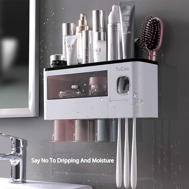 TuCao Automatic Toothpaste Dispenser Squeezer Wall Mounted & Space-Saving Toothbrush Holder for Bathroom,3 Transparent Magnetic Cups,6 Toothbrush Slot with Cover and Cosmetic Organizer Drawer(3 Cups)
