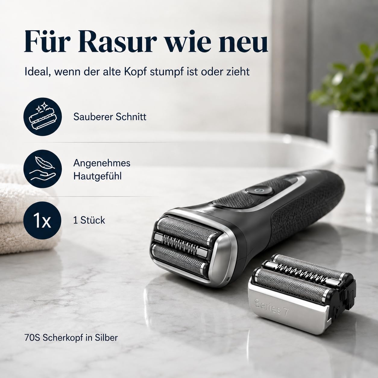 70S Scherkopf Ersatz Kompatibel mit Braun Series 7 Rasierer 720 720s 730 760cc 765cc 790cc 795cc 7840s 7893s, Scherfolie & Klingenblock, Rasierkopf Herren Ersatz Silber, 1 Stück