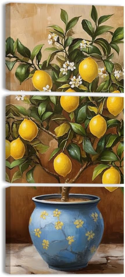 ZQQART Lemon Wall Art for Kitchen Set of 3 Vintage Fruit Picture Lemon Tree Painting Blue Yellow Poster Prints Dining Room Decor Framed(Yellow,11.00"x14.00"x3Pcs)