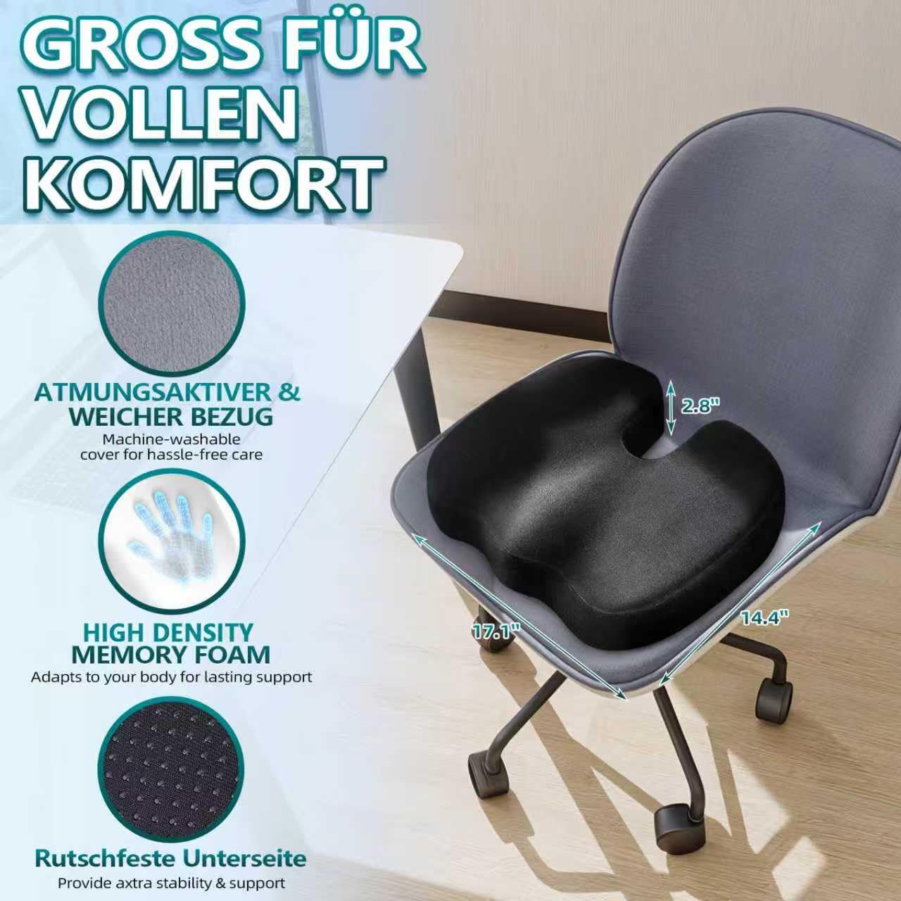 Cojín ortopédico de espuma viscoelástica – Cojín ergonómico para silla de oficina y coche para aliviar la presión y comodidad durante largos períodos de sentado, antideslizante y lavable