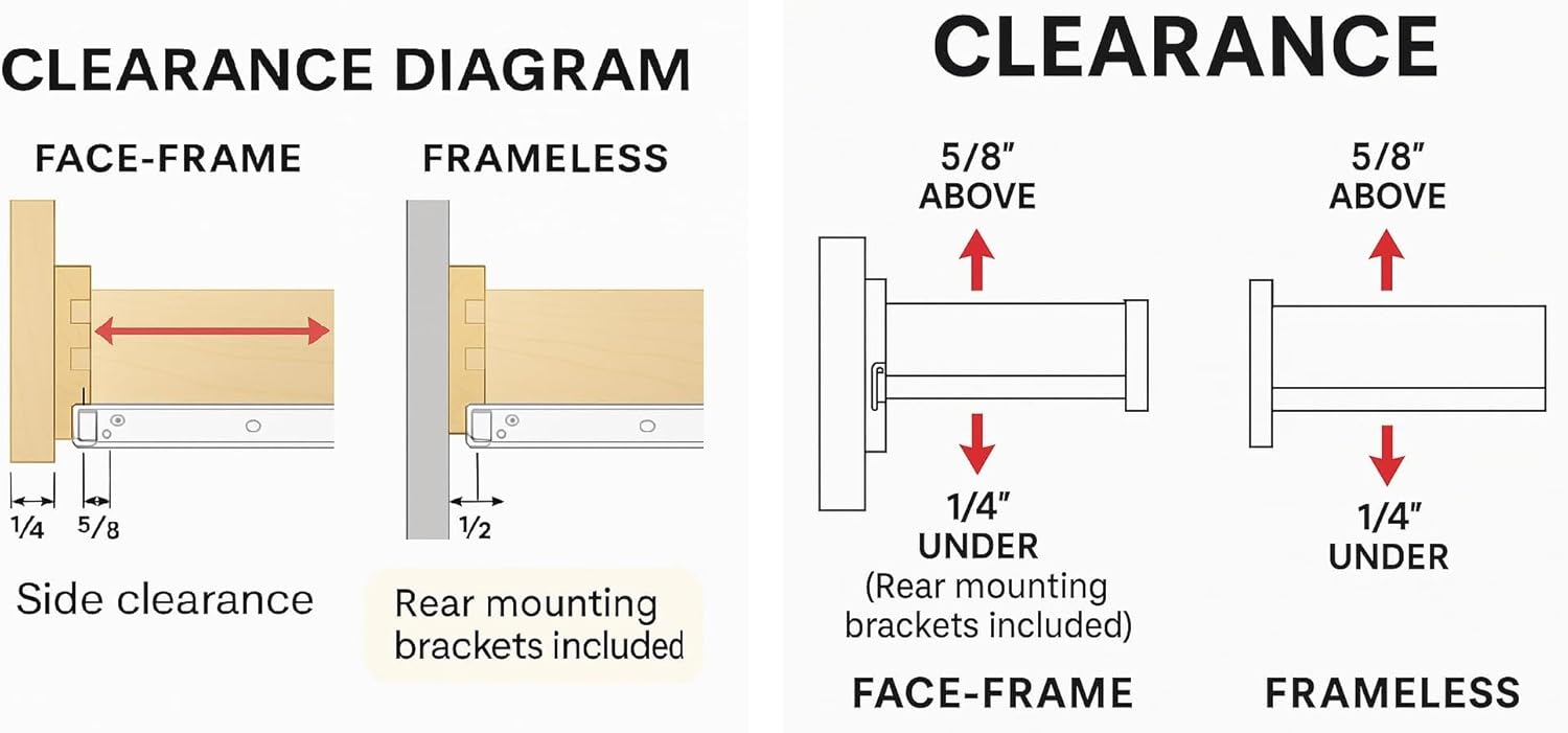 22 Inch Euro Slides, Pack of 4, for Face-Frame and Frameless Cabinets. 75lbs Capacity Cold Rolled Steel, Powder Coated. Choose Length by Drawer Box and not Cabinet Depth. Includes Brackets & Screws