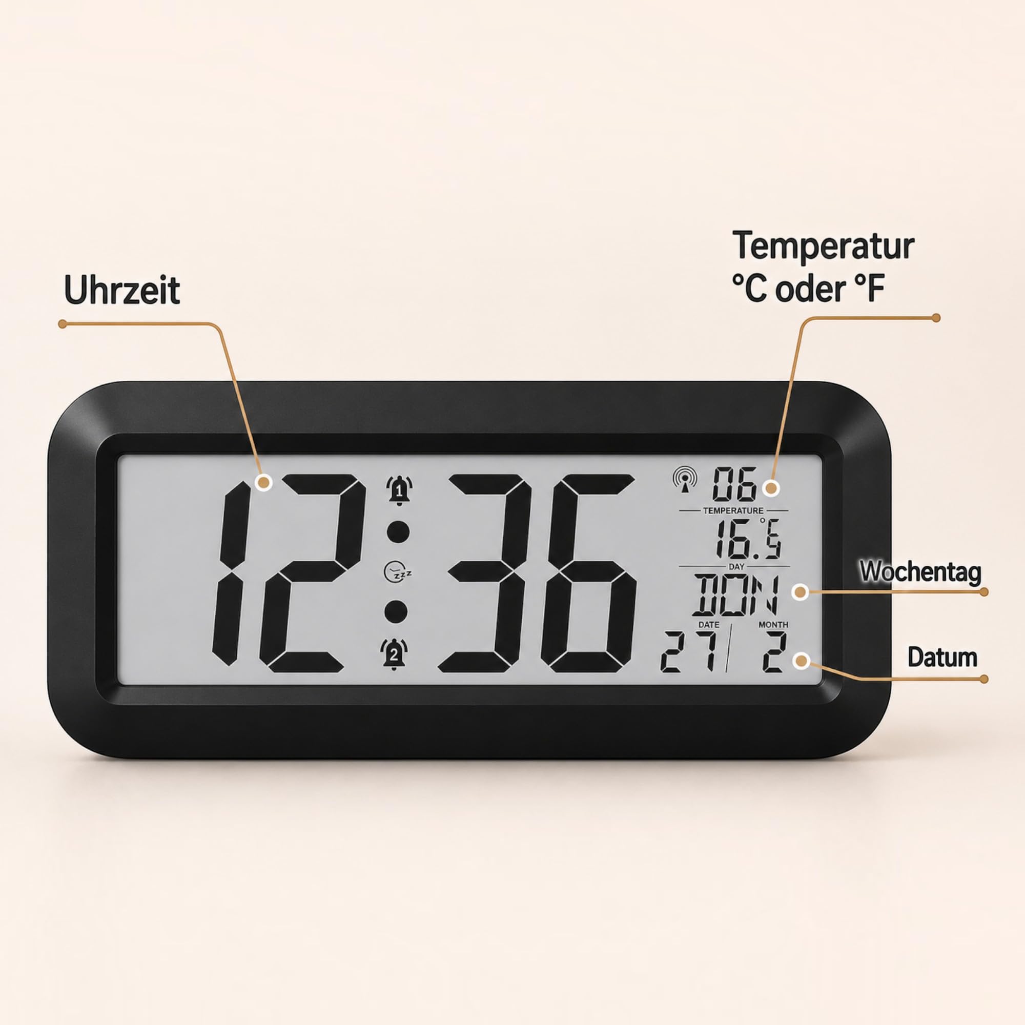 Mebus große Digitale Funkwanduhr mit XXL Ziffern | 42 x 20cm, DCF77 Funkuhr | Datum, Wochentag & Temperatur, 2 Weckzeiten mit Schlummerfunktion, perfekt für Büro, Werkstatt, Senioren | Tischuhr schwarz