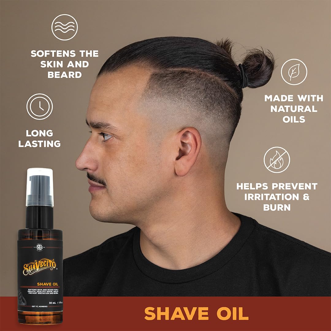 Suavecito Shave Oil 1 oz Pump Bottle - Softens Skin & Beard, Prevents Irritation and Burn - Natural Ingredients, Vitamin E Oil, Aloe Vera Oil, & Jojoba Oil - Improves Shaving Experience