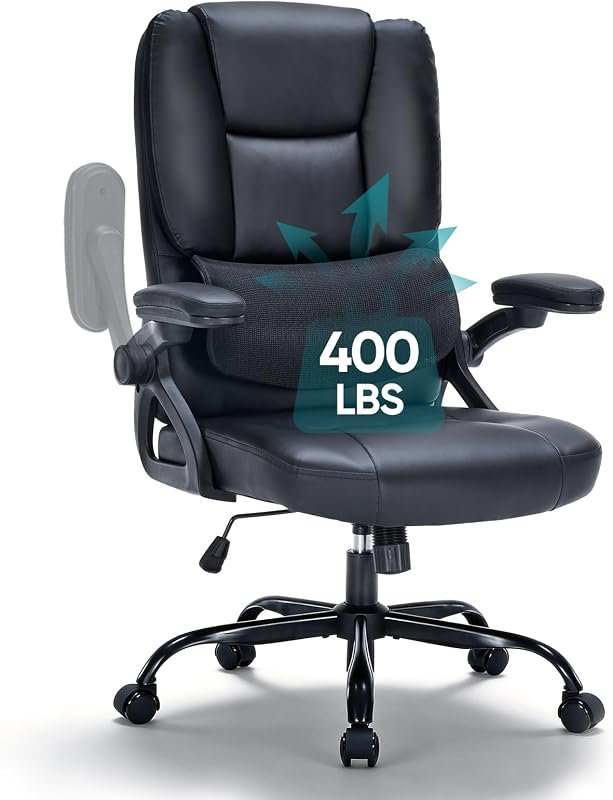 400lbs Executive Office Chair wiht 3 Way Adjustable Armrest | High Back Computer Chair,Comfy Pu Leather Desk Chair with Flip-Up Armrests,Heavy Duty Ergonomic Chair