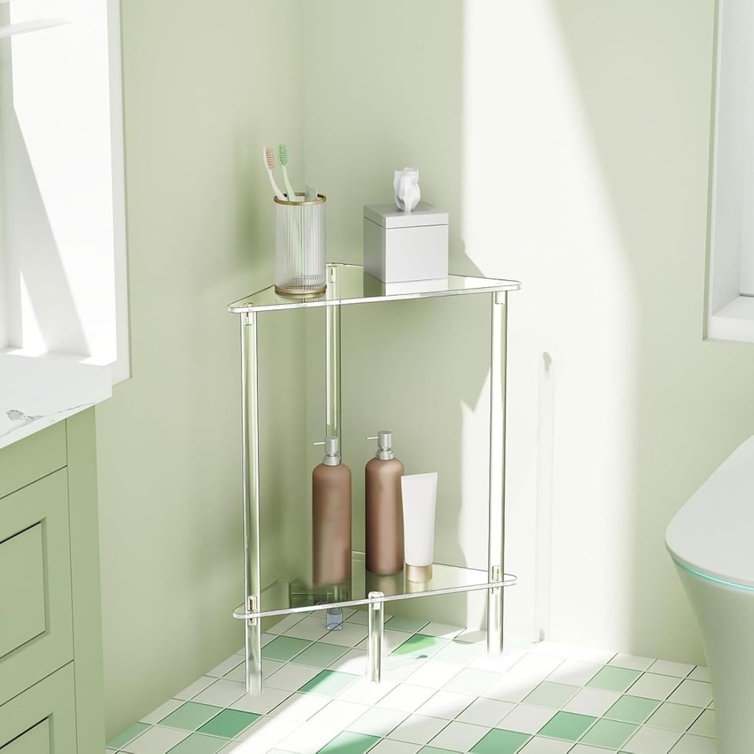 Luqeeg Acrylic Corner Shelf Stand, Load Capacity 40 Lbs 2 Tier Triangular Small Bathroom Stand, End Table Display Rack Plant Display Shelf for Living Bedroom Kitchen Home Decor