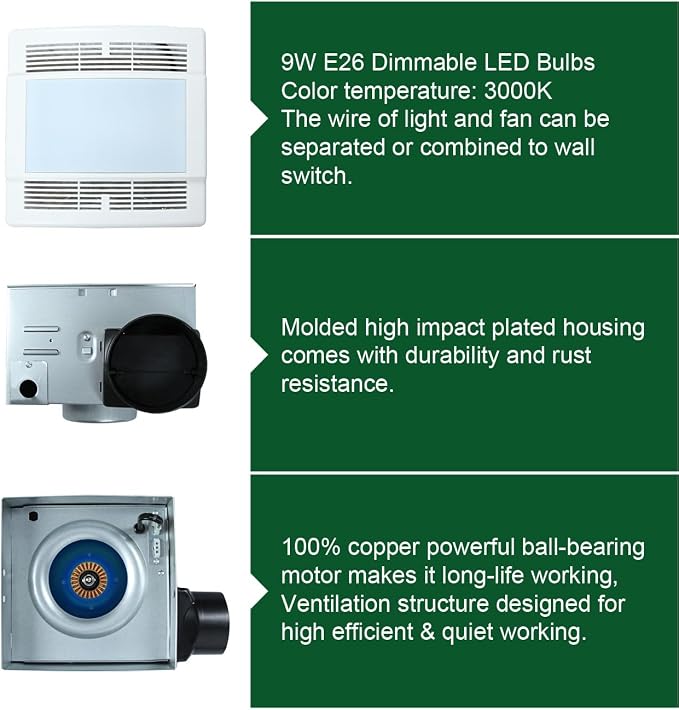 Ventilador de Extracción para Baño Akicon, Ultra Silencioso de 90 CFM y 1.5 Sones con Luz LED, Ventilador Potente para Baño y Hogar, Garantía de 3 Años miniatura 7