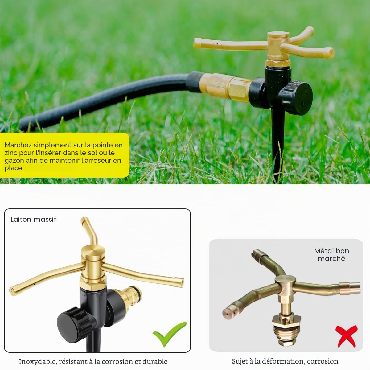 FANHAO 2 arroseurs de pelouse en métal pour Jardin avec Base à Piquet, arroseur à 3 Bras Système d'arrosage Automatique Rotatif à 360 degrés pour Jardin, arrosage de Grandes Surfaces pour Plantes