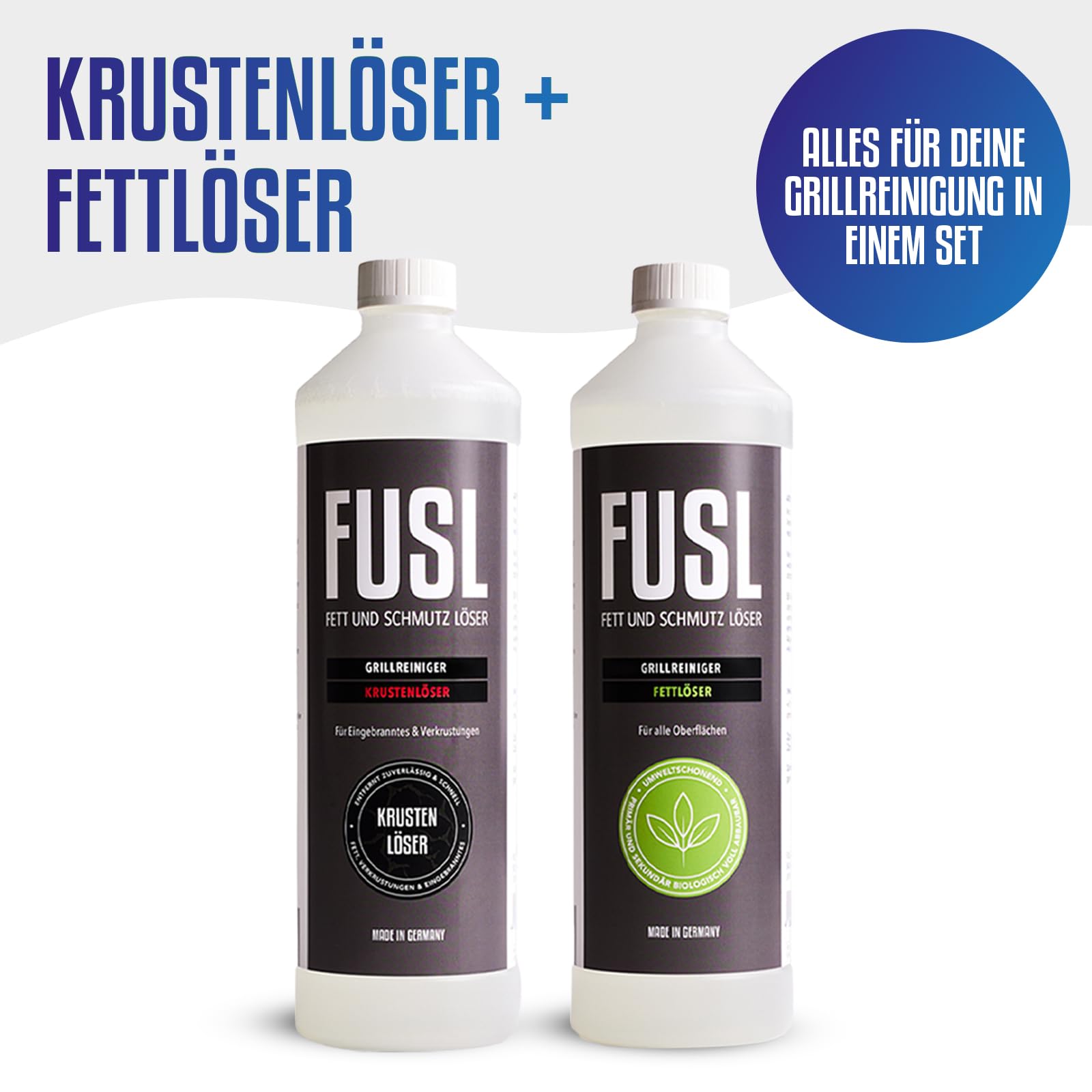 Grillreiniger Set 2x1 l – Krustenlöser & Fettlöser für BBQ, Grill, Pfanne & Backofen – starke Reinigung für Emaille, Edelstahl, Gusseisen, Aluguss, Holz & empfindliche Oberflächen