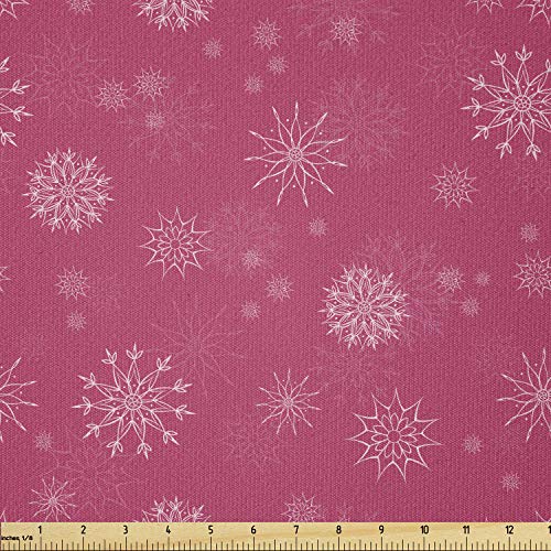 Image of Ambesonne Winter Fabric by The Yard, Gentle White Snowflakes on Pink Background Soft Feminine Romantic Seasonal Pattern, Stretch Knit Fabric for Clothing Sewing and Arts Crafts, 5 Yards, Pink White
