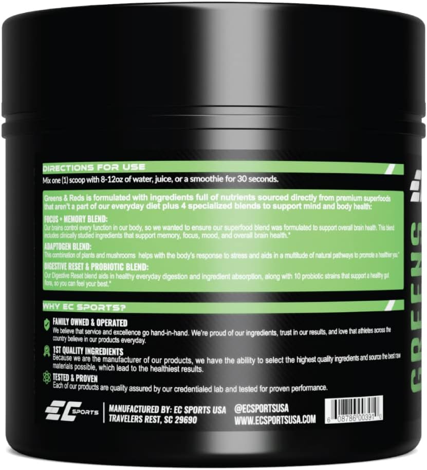 EC Sports Greens & Reds Blend Peach Berry Supplement Powder w/Probiotics, Adaptogens - Nutritious Blend for Digestive & Faster Focus - 30 Servings