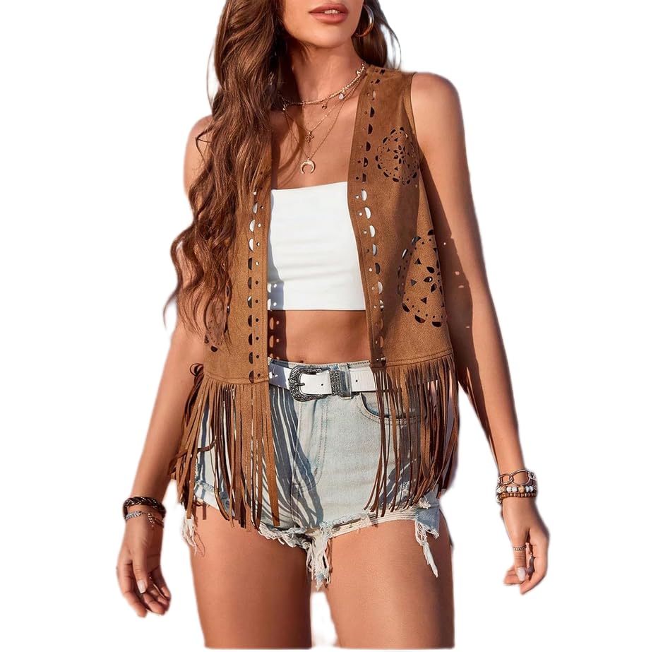 FEORJGP Women's Summer Studded Fringe Faux Trim Open Front Sleeveless Faux Tassel Suede Vest Jacket Coat Cowgirl Streetwear