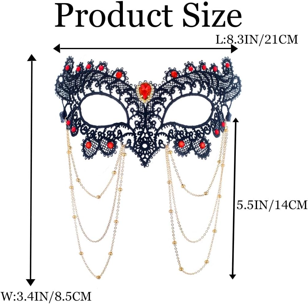 Rhinestone Masquerade Mask for Women Black Venetian Lace Costume Masks Shiny Tassel Beads Face Mask