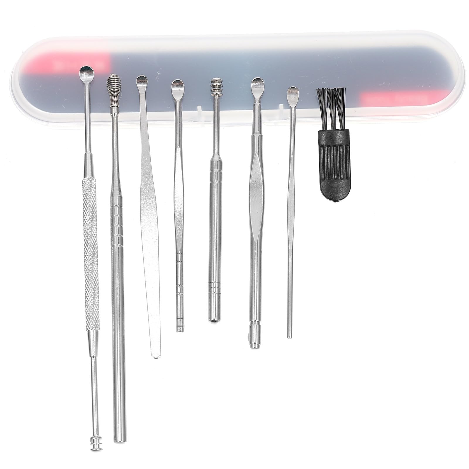 Stainless Steel Ear Picks Kit 8pcs Set with Spring Double-Ended Earwax Removal Tools Black Cleaning Brush White Plastic
