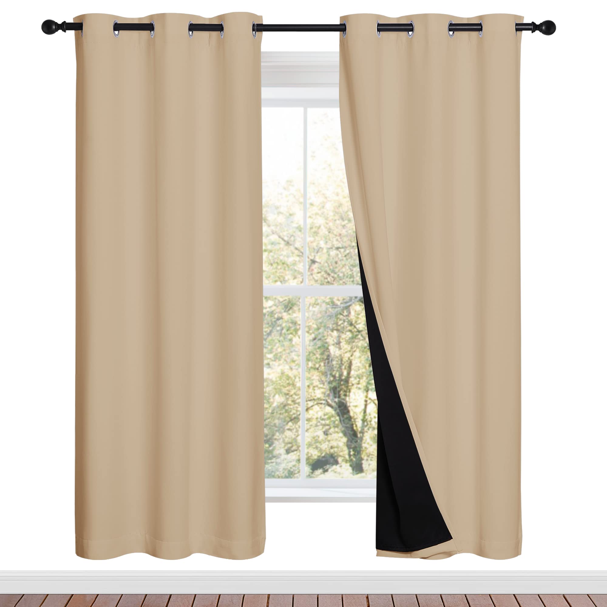 NICETOWN Living Room Completely Shaded Draperies, Privacy Protection &amp; Noise Reducing Ring Top Drapes, Black Lined Insulated Window Treatment Curtain Panels(Biscotti Beige, 2 Pieces, W42 x L72)