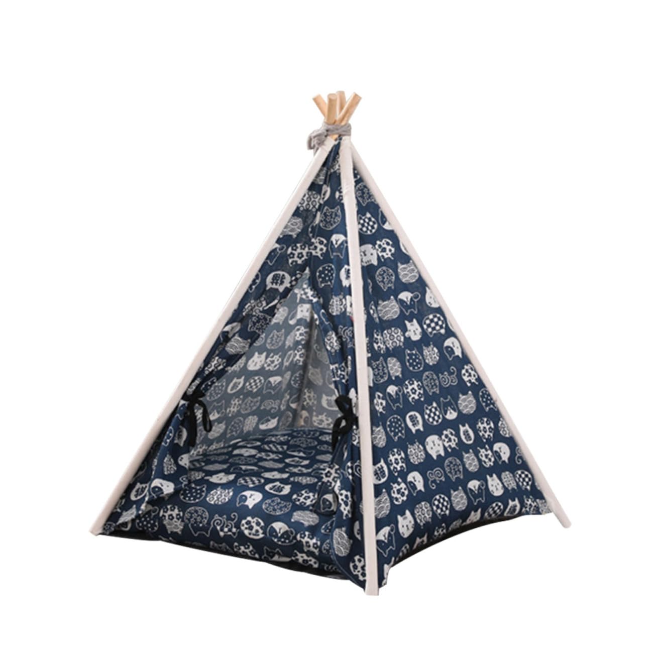 LIOOBO Tente pour Chien Lavable en Lin et Bois, Bleu Marine