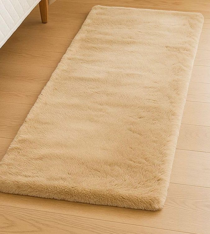Image of Adorn Supersoft Rabbit Fur Bedside Runner Rug, 60 * 140cms Anti-Skid Backing (Cream)