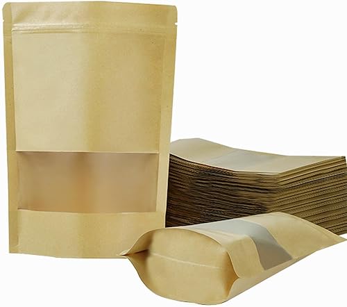 100 bolsas resellables, bolsas de papel kraft de pie con ventana mate, bolsas de almacenamiento de alimentos con cierre de cremallera para pequeñas